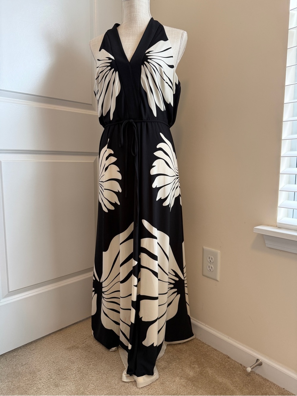 Black and White Floral Halter Maxi Dress with Tie Waist